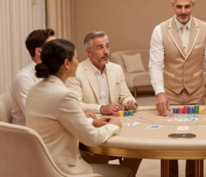 Croupier erklärt Gästen die Blackjack-Regeln auf einem Event