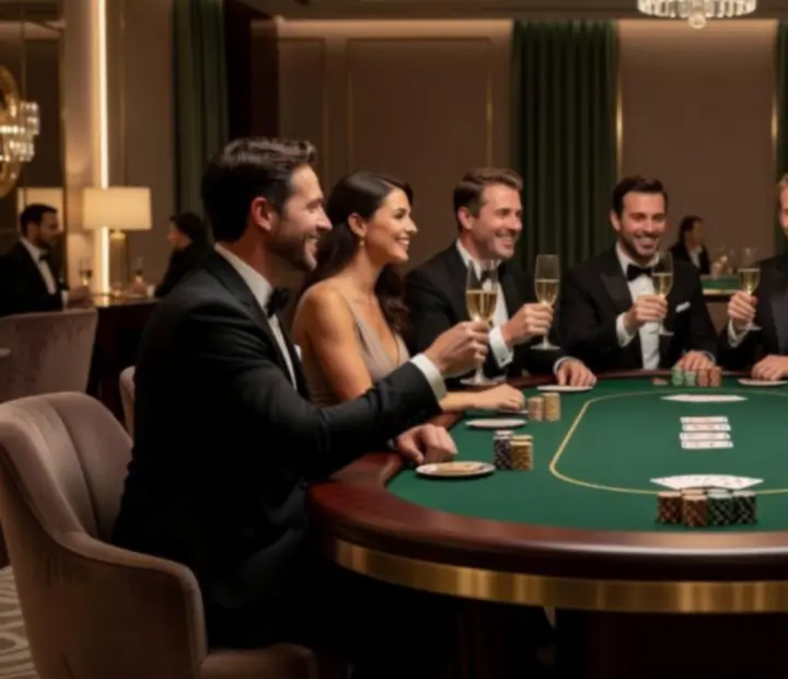 Exklusiver Poker- und VIP-Event mit elegant gekleideten Gästen und professionellen Croupiers